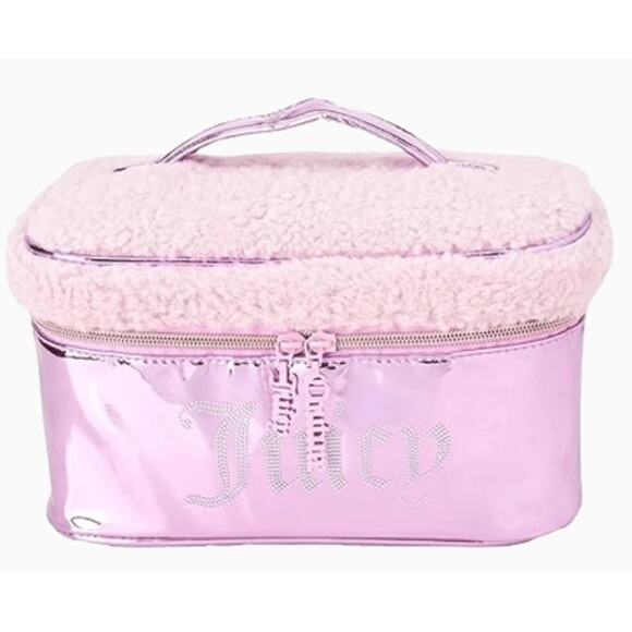 Juicy Couture Pink Rhinestone Sherpa Juicy Logo Train Case Makeup Travel Bag NWT - Picture 1 of 3